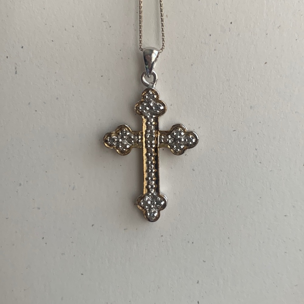 925 Sterling Silver & Pave Diamond Cross Necklace